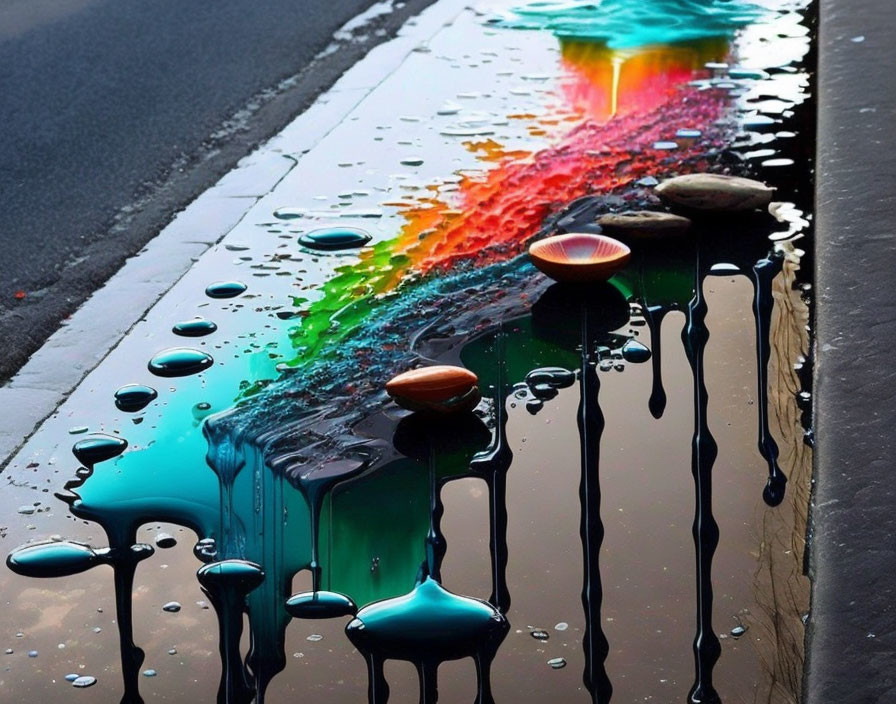 Vibrant rainbow reflects in puddle on asphalt