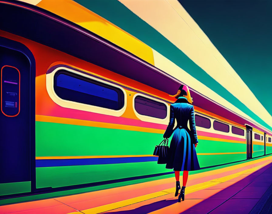 Woman in Blue Coat Walking Towards Vibrant Train Under Gradient Sky