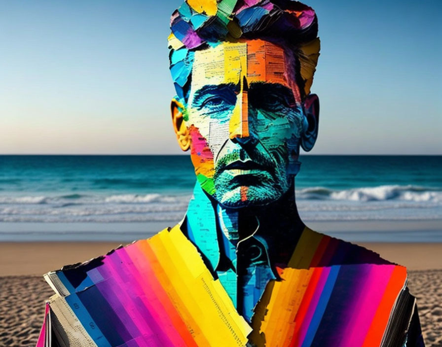 Vibrant geometric portrait of a man on beach background