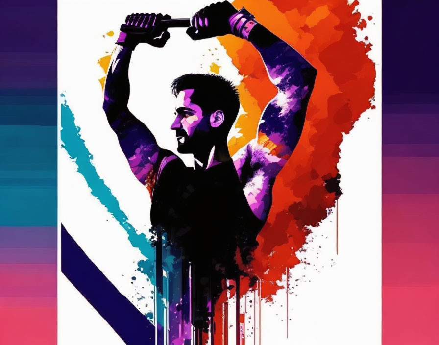 Vibrant digital artwork: Man with dumbbell, colorful background