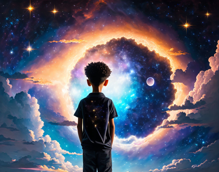 Young person surrounded by cosmic scene with clouds, stars, and celestial bodies