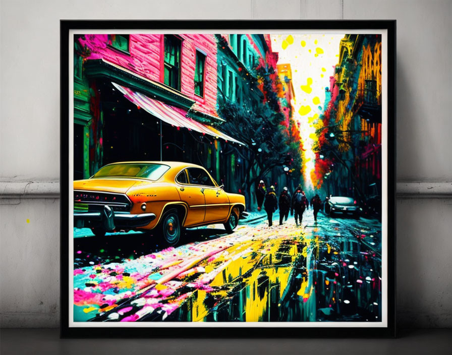 Colorful Street Scene with Classic Car and Pedestrians Displayed on Wall