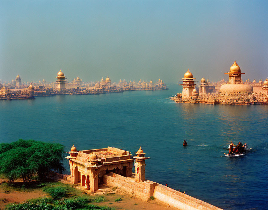 Historic riverside buildings with domes and carvings, boats on water