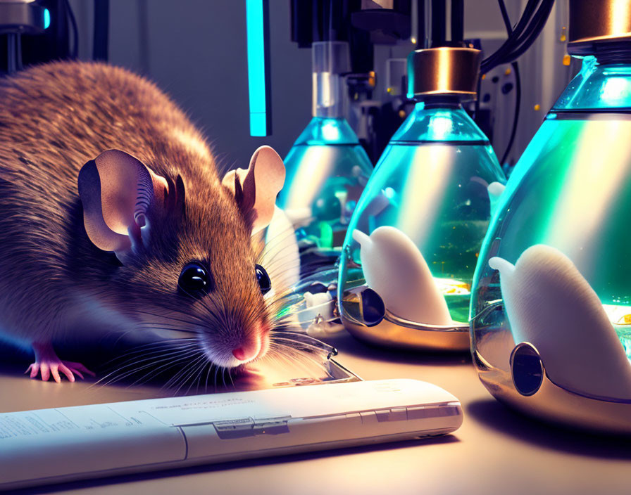 Lab desk with mouse under blue light and glowing vials