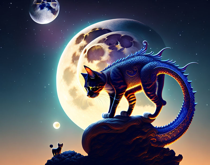 Colorful Cat Illustration with Moon and Planets Background