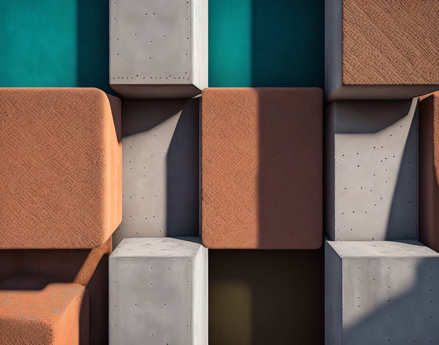 Geometric Abstract Art: Brown Squares, Grey Concrete on Teal