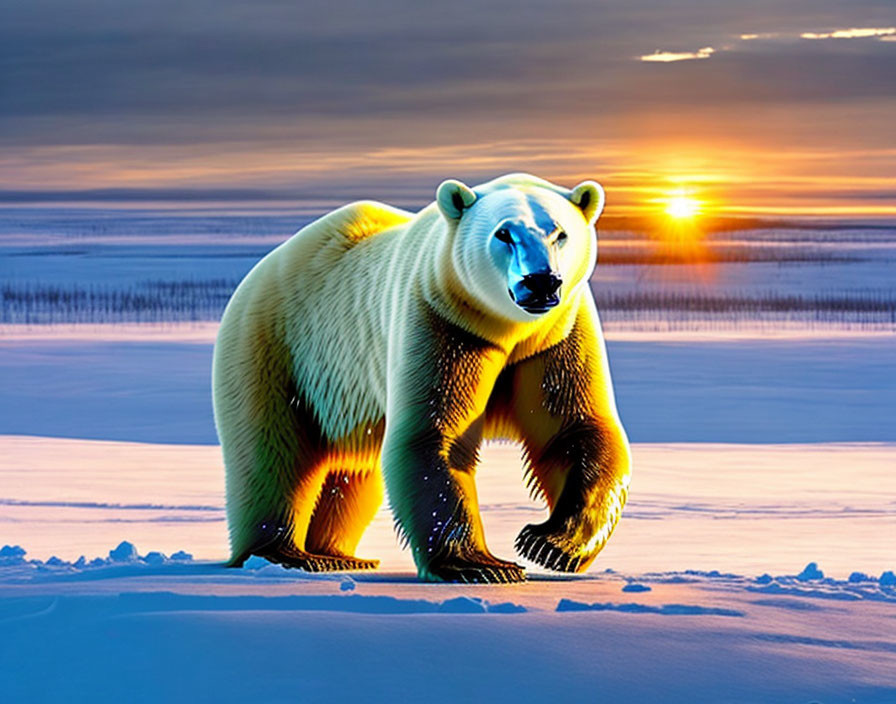 Arctic polar bear walking in snow at sunset