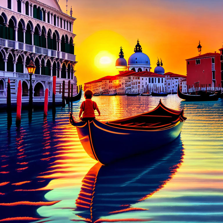 Colorful sunset scene: person in gondola on Venetian canal