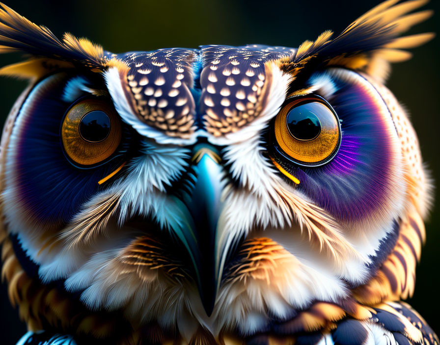 Vibrant digitally manipulated owl with large golden eyes and iridescent feathers