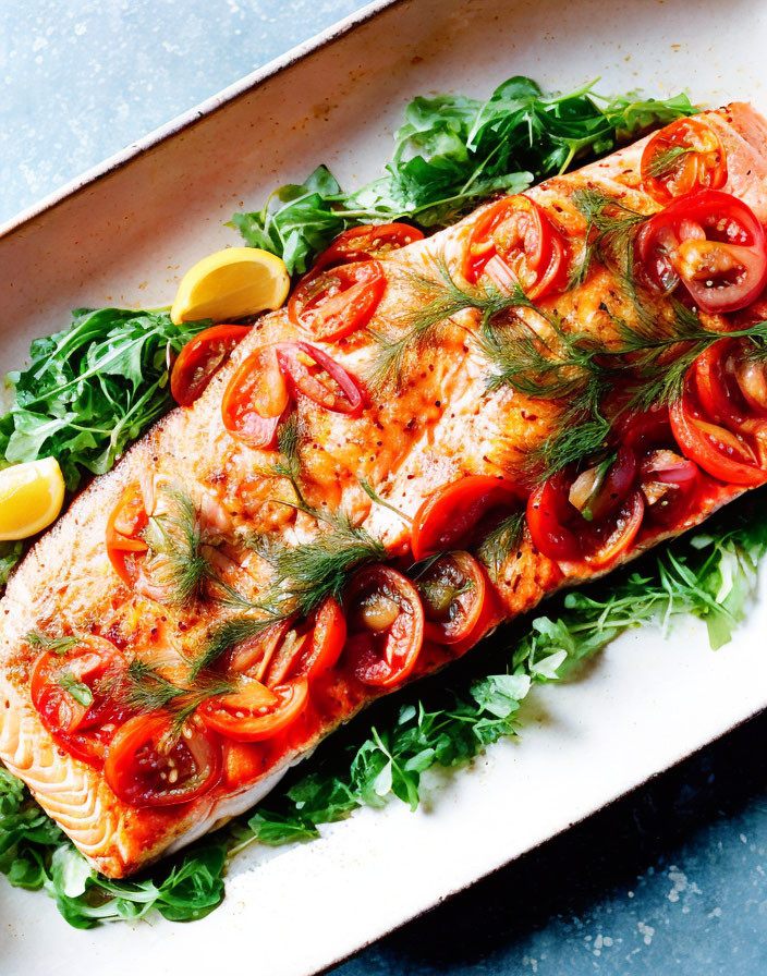 Baked salmon fillet with cherry tomatoes, dill, and arugula on white dish