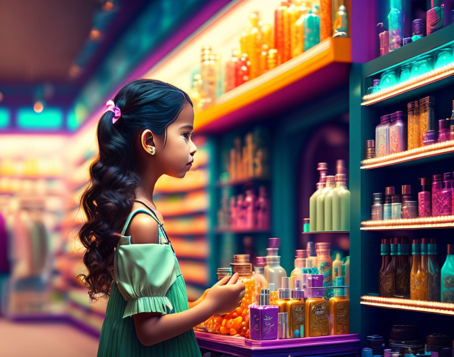 Young girl in blue bow and green dress exploring colorful bottles in vibrant store aisle