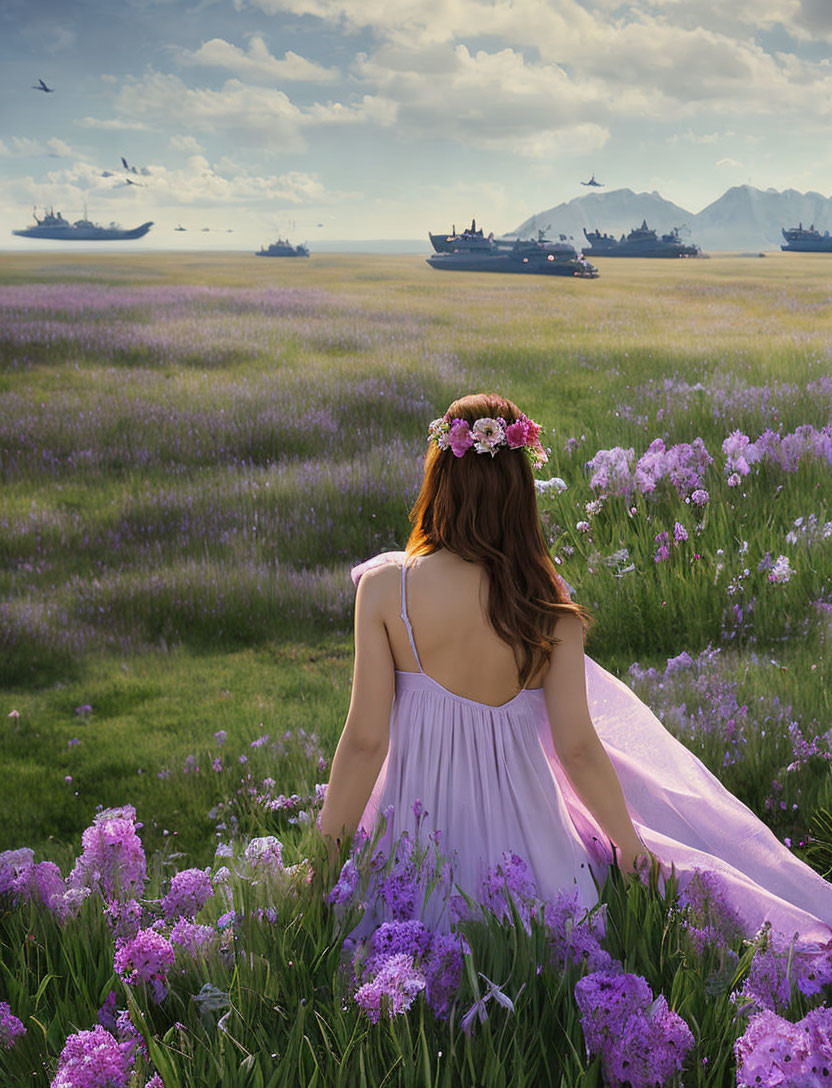 Woman in floral wreath gazes at ships in sky from purple flower field