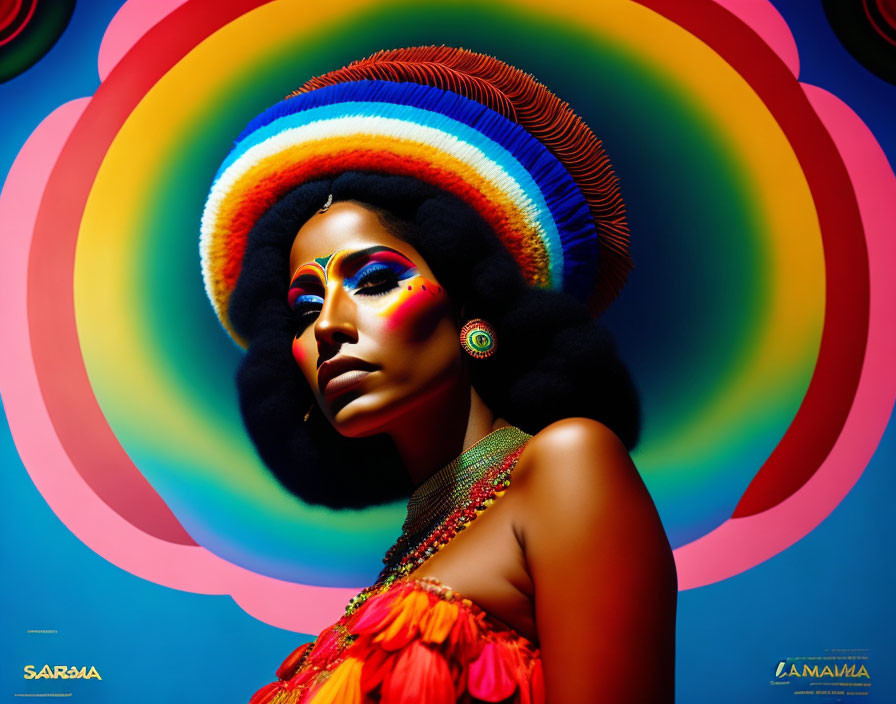 Colorful Woman with Vibrant Makeup and Rainbow Halo Background