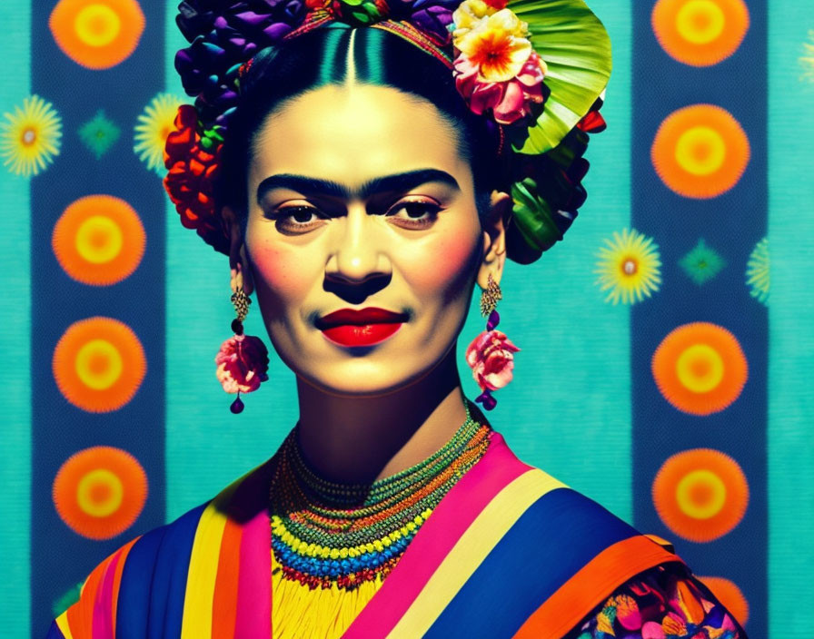 Vibrant portrait of a woman in traditional attire and floral headpiece