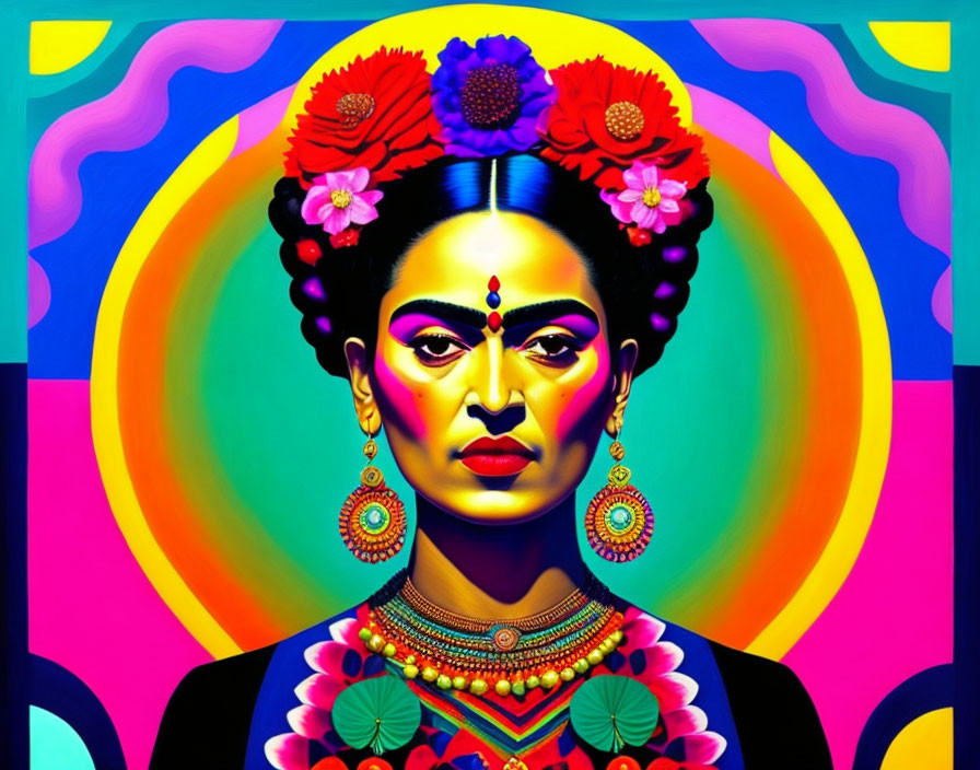 Colorful portrait of a woman with flowers and jewelry on psychedelic background