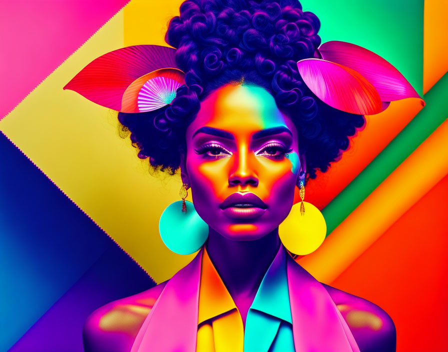 Colorful digital portrait of a woman with afro and bold makeup