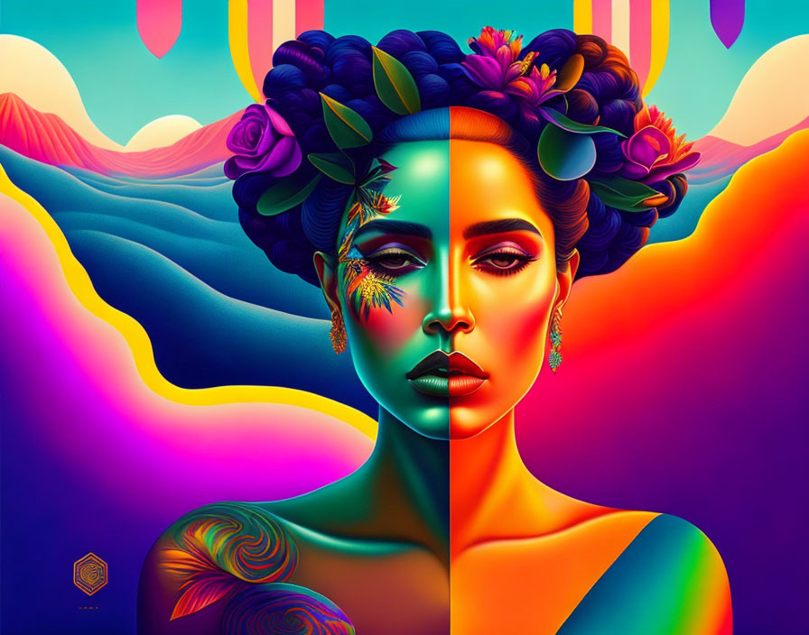 Colorful portrait of a woman with vibrant makeup and floral hair against a psychedelic backdrop.