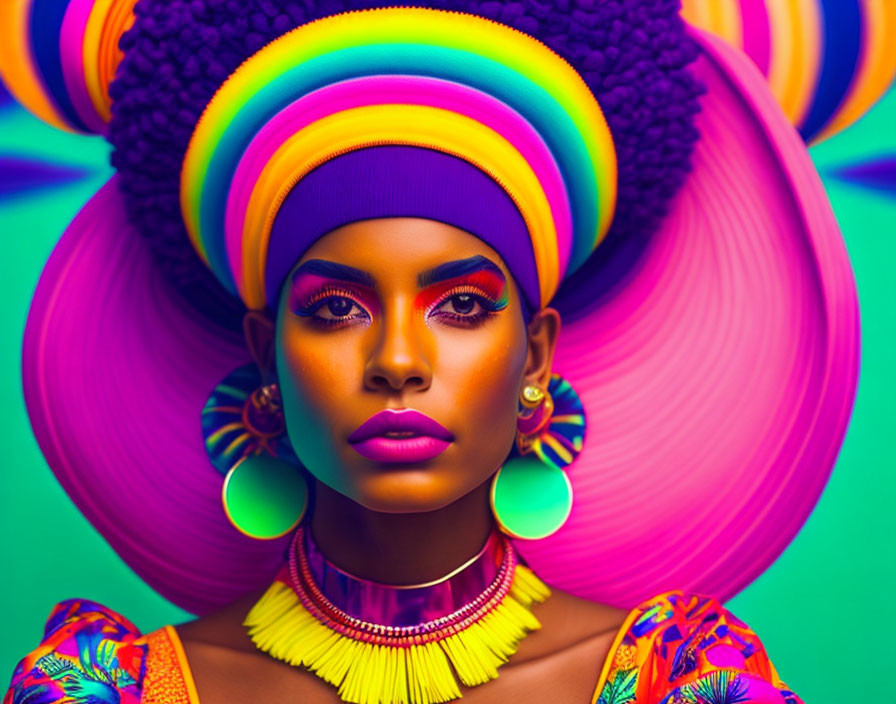 Colorful African-inspired attire and vibrant makeup on woman in headwrap against green backdrop