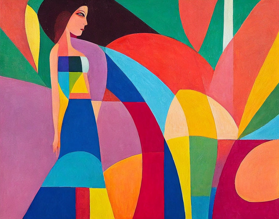 Colorful Cubist Painting of Stylized Female Figure