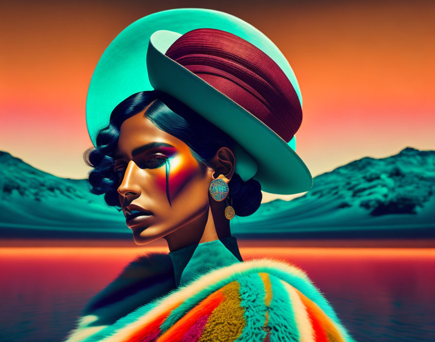 Colorful Woman with Bold Makeup by Sunset Lake