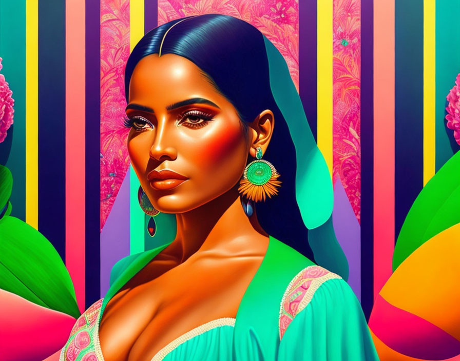 Colorful digital artwork of a woman with sleek hair and bold makeup