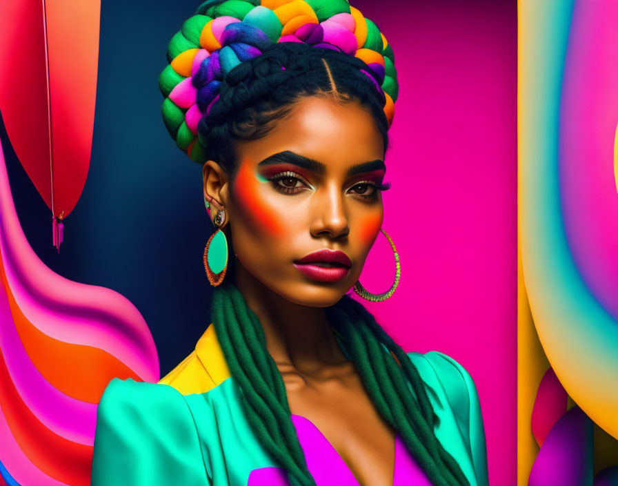 Colorful makeup and braided hair on woman against vibrant backdrop.