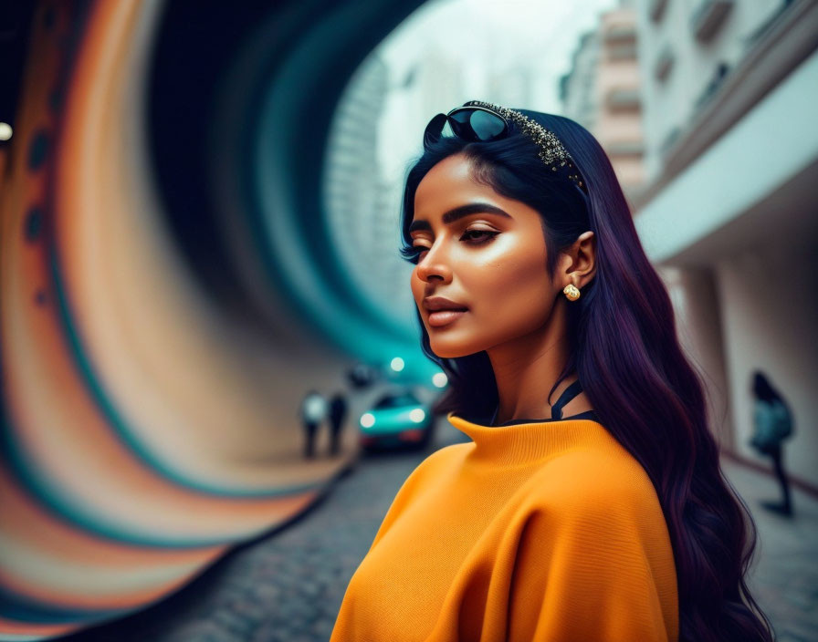 Woman in sunglasses and yellow top on city street with blurred car.