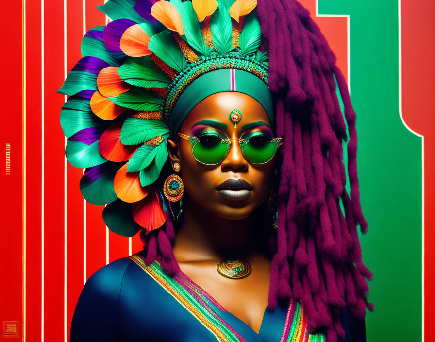 Woman in Vibrant Feather Headpiece and Sunglasses with Dreadlocks and Colorful Outfit on Red