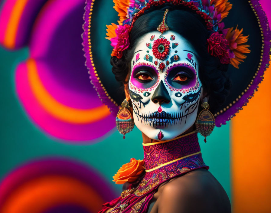 Elaborate Day of the Dead makeup with skull designs and traditional accessories