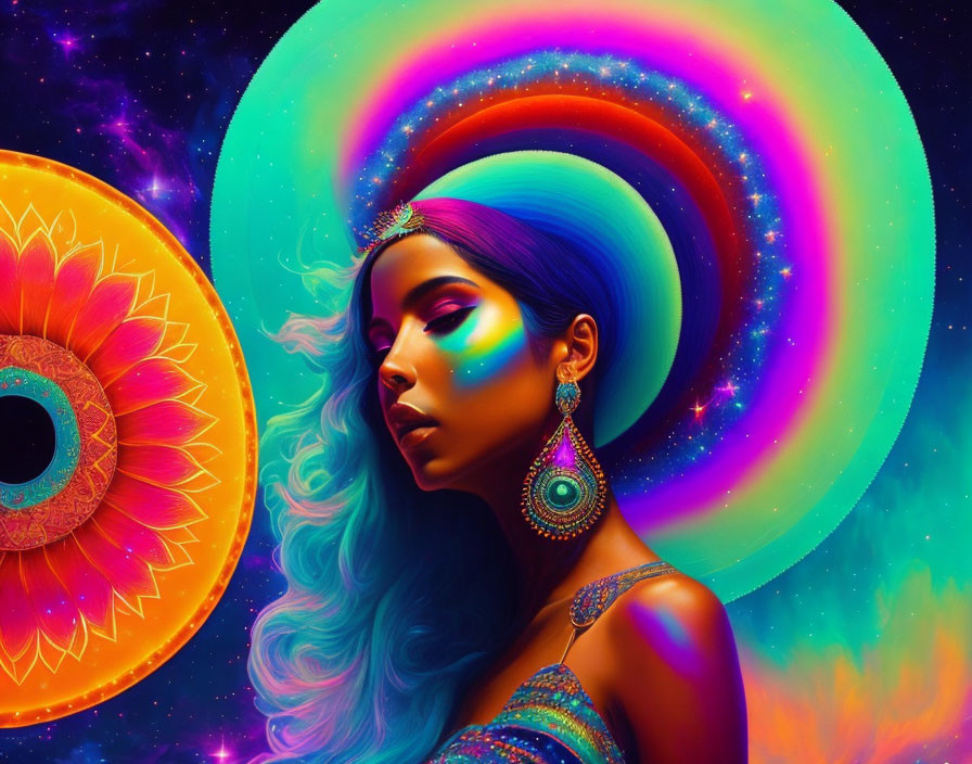 Colorful digital art: Woman with blue hair in cosmic setting