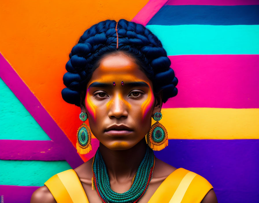 Young woman with braided hair, vibrant makeup, and colorful jewelry on geometric backdrop