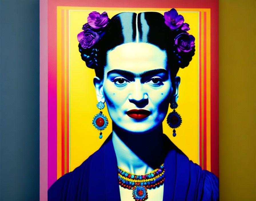 Colorful pop art portrait of a woman with a unibrow and floral accessories