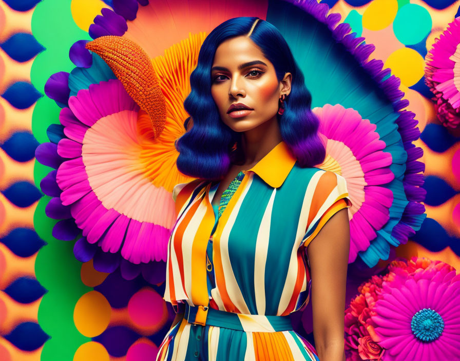 Striking makeup woman against colorful paper fans & flowers