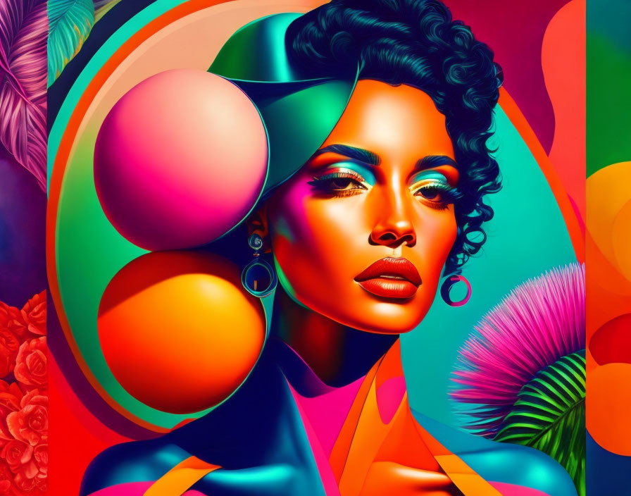 Colorful digital art featuring woman with stylized makeup & abstract shapes in tropical setting