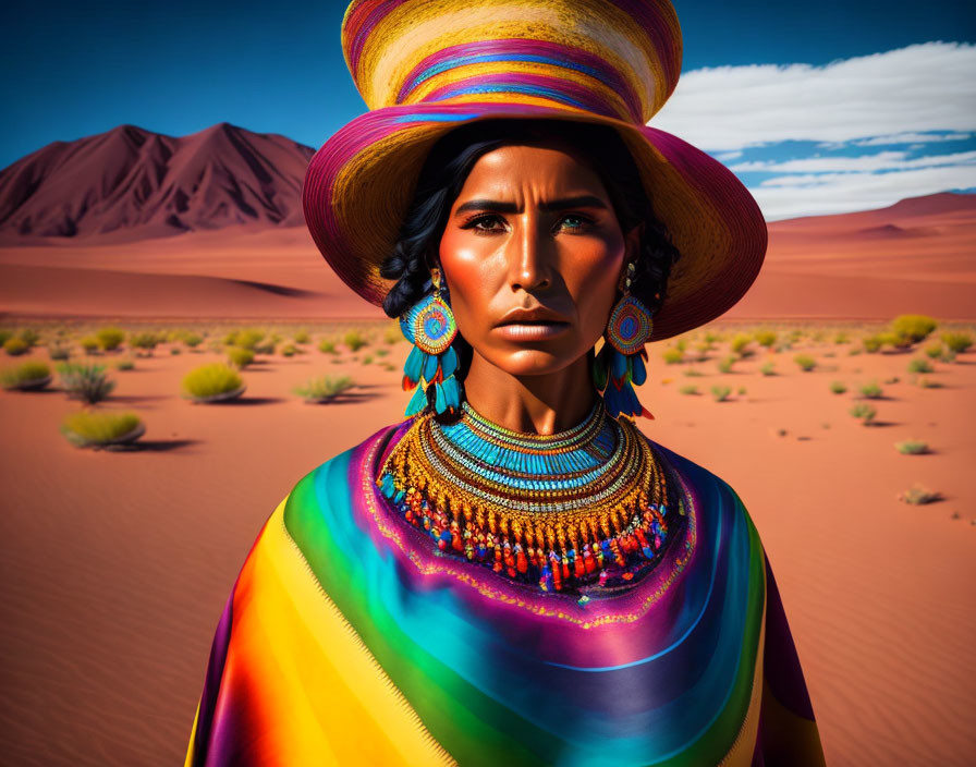 Tan-skinned person in traditional attire with wide-brimmed hat in desert setting