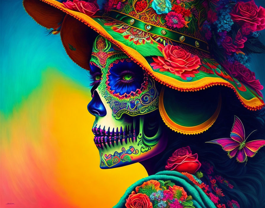 Colorful Day of the Dead skull with floral hat and butterfly on vibrant background