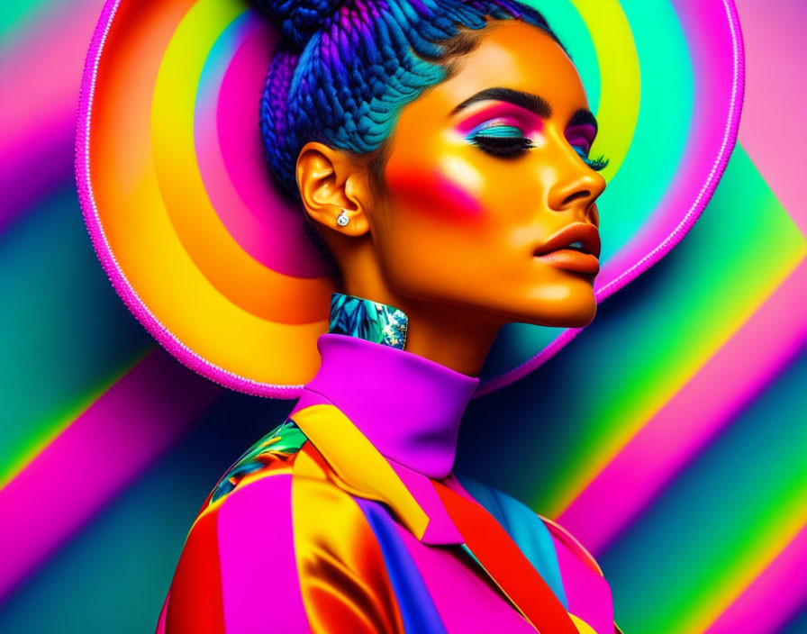 Colorful makeup portrait with psychedelic concentric circles background