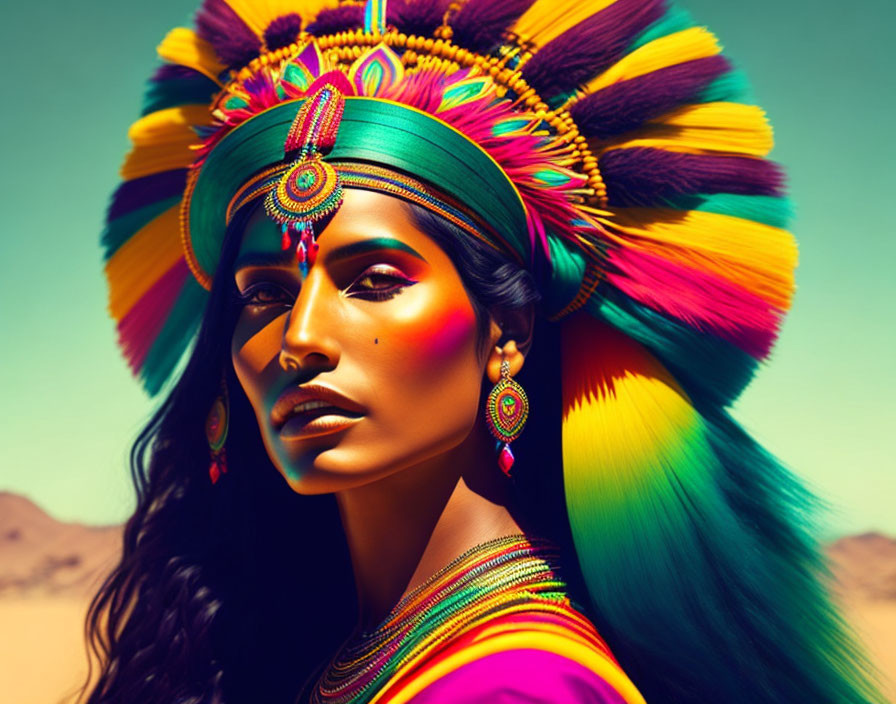 Colorful headdress woman in desert landscape