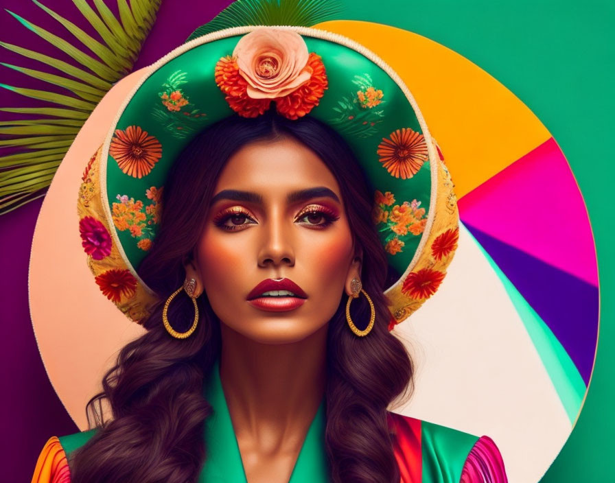 Striking makeup woman in Mexican sombrero with floral elements