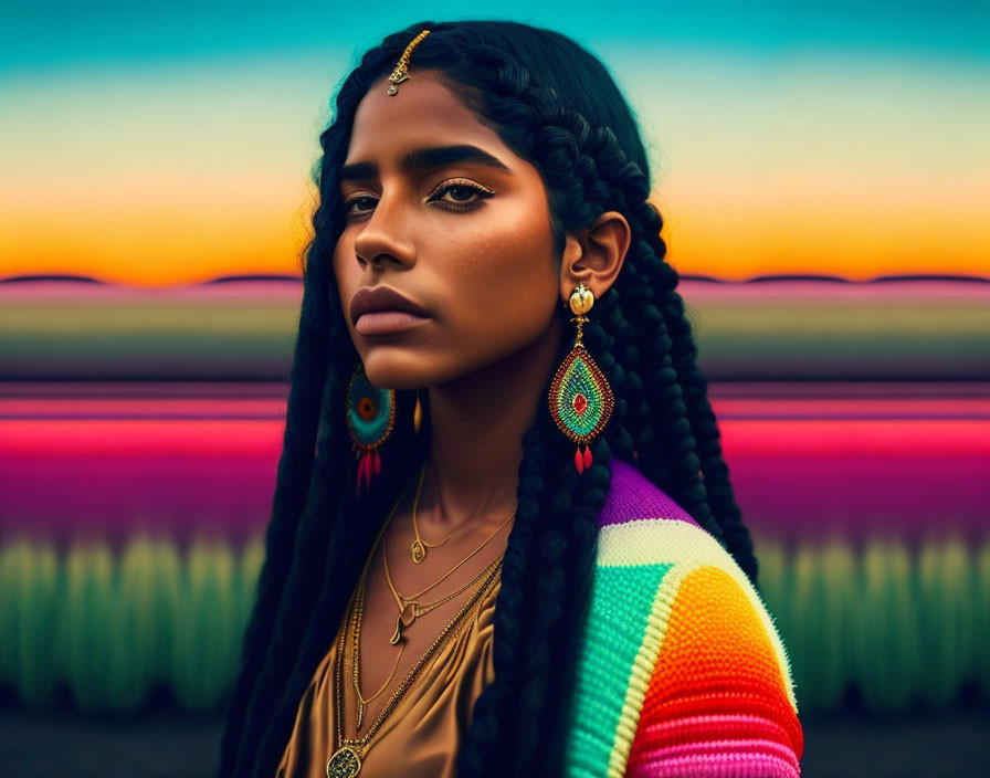 Woman with braided hair in colorful striped garment and gold jewelry at sunset