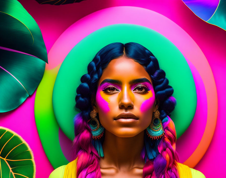 Colorful Abstract Background with Woman Featuring Vibrant Makeup and Braided Hair