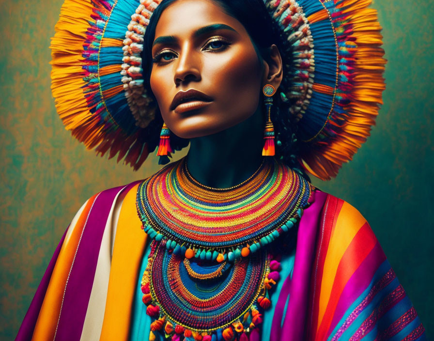 Colorful Woman in Vibrant Headdress and Striped Clothing Portrait