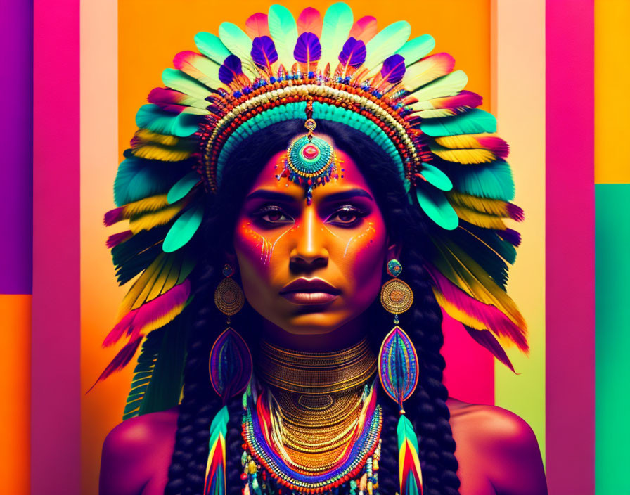 Woman in vibrant feather headdress, face paint, and jewelry on multicolored background