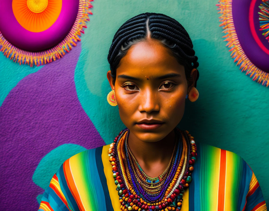 Young girl with braided hair and bead necklaces against colorful geometric backdrop