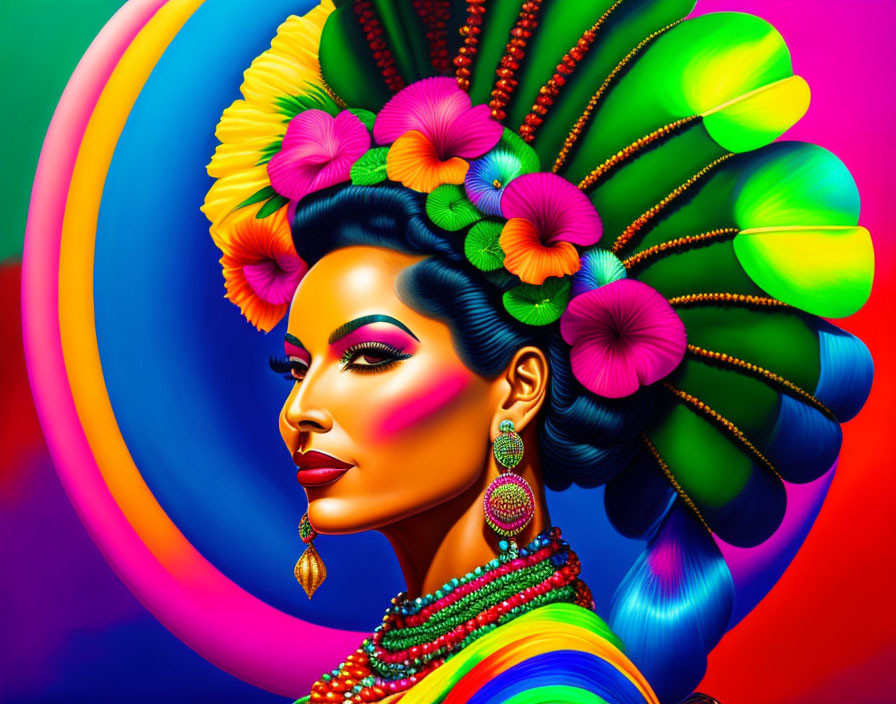 Colorful Woman Illustration with Makeup and Headdress on Psychedelic Background