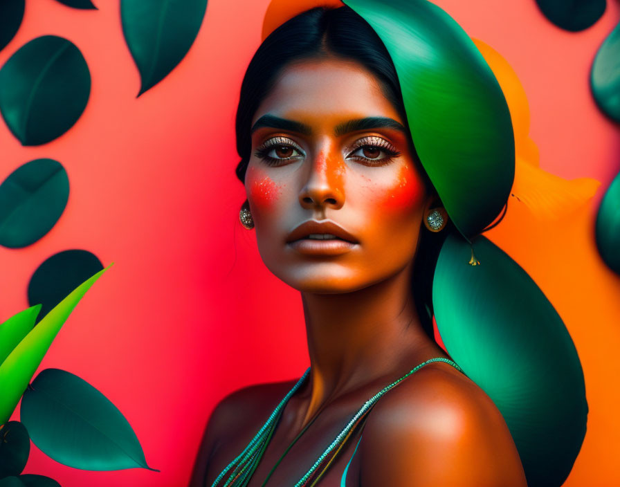 Vibrant woman with orange makeup and green leaves on coral background