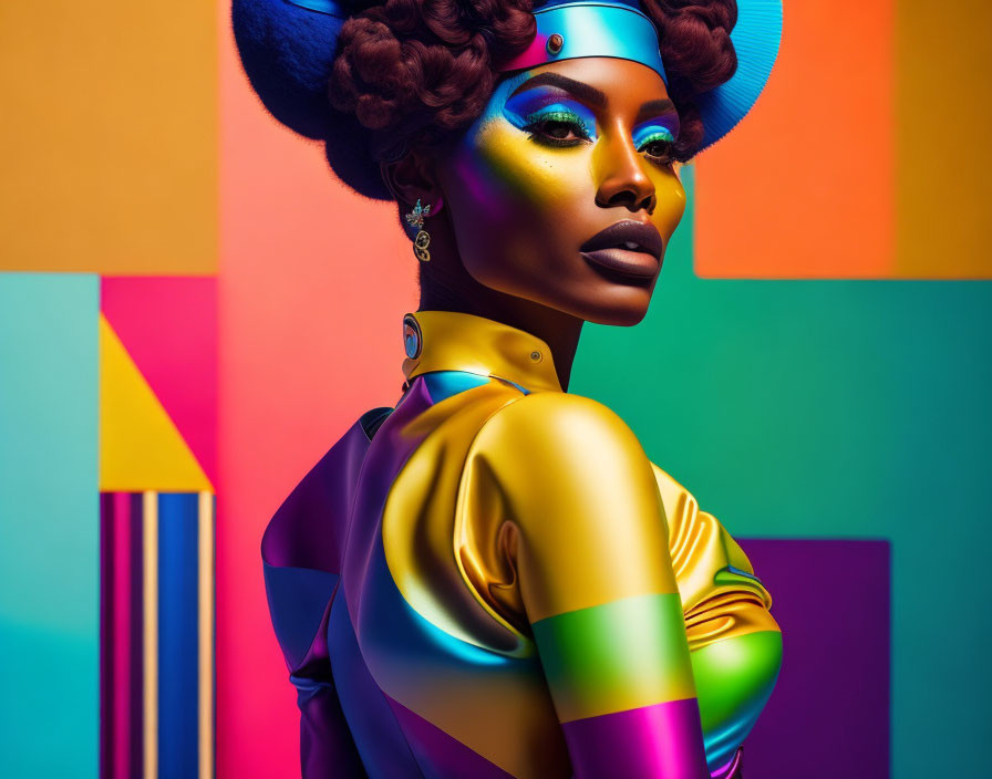 Vibrant portrait of woman in futuristic costume with dramatic makeup