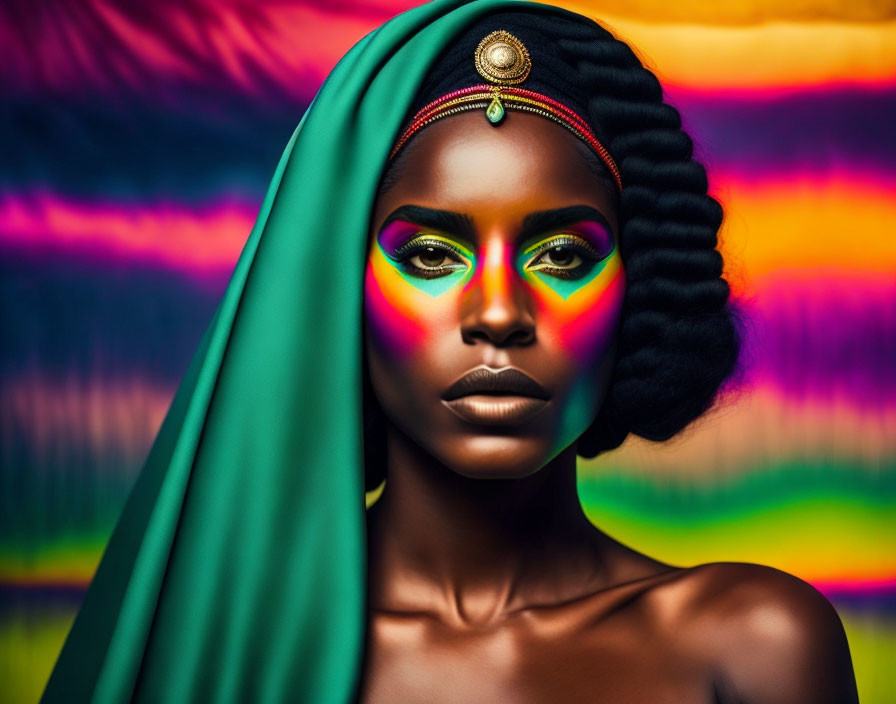 Woman with Neon Makeup and Green Headscarf on Vibrant Sunset Background