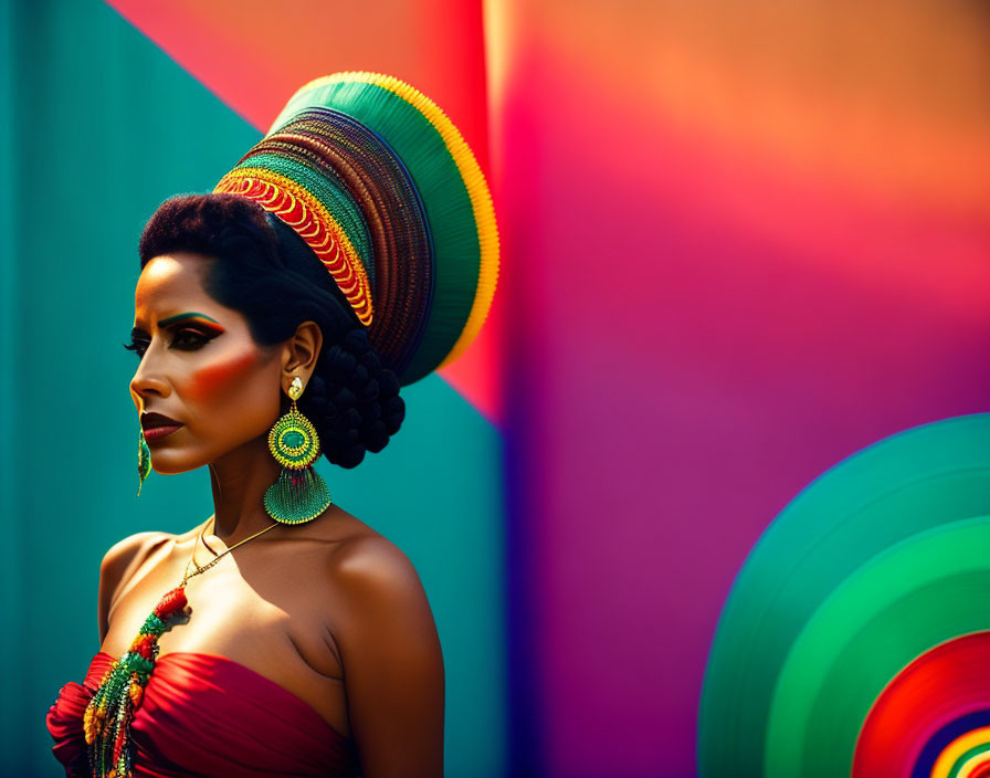 Colorful woman with vibrant hat and makeup against circular backdrop