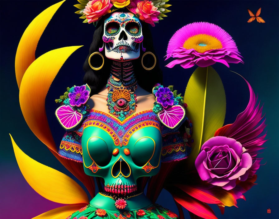 Colorful Mexican Day of the Dead Skeleton Art with Flowers & Crescent Moon